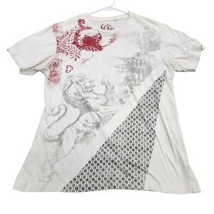 GUESS Y2K Mens Graphic Tee Cream Red Grey Lion Eagle Heraldic Short Sleeve L